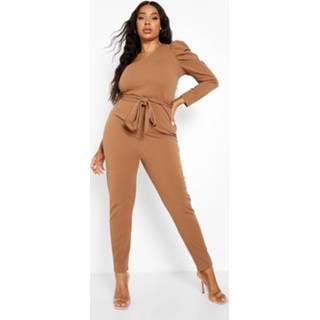 Plus Jumpsuit Met Eén Blote Schouder En Pofmouwen, Camel