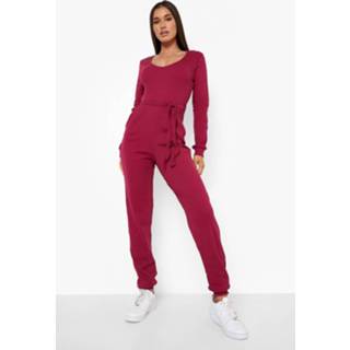 👉 Geribbelde Jumpsuit Met V-Hals En Ceintuur, Berry