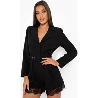 Blazer Romper Met Kanten Zoom En Ceintuur, Black