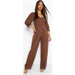 👉 Wide Leg Jumpsuit Met Stippen En Pofmouwen, Chocolate