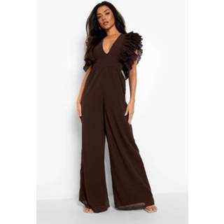 👉 Wide Leg Jumpsuit Met Ruches En Laag Decolleté, Chocolate