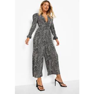 👉 Gedraaide Dierenprint Culotte Jumpsuit Met Laag Decolleté, Black