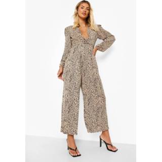 👉 Gedraaide Dierenprint Culotte Jumpsuit Met Laag Decolleté, Stone