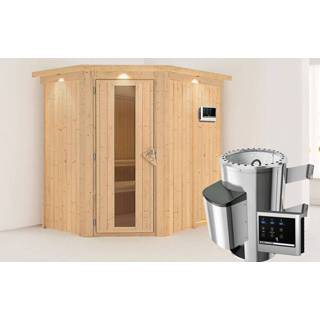 👉 Karibu | Sauna Saja met Dakkraag Bronzeglas Biokachel 3,6 kW Externe Bediening 4010090858975