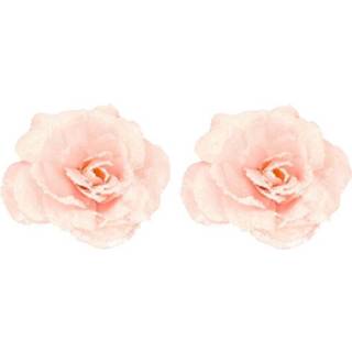 👉 Roze polyester active 2x Kerstboomhanger/Kersthanger clip rozen/bloemen 12 cm