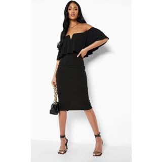 👉 Tall Off Shoulder Midi Jurk Met Ruches, Black