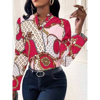 Shirt polyester s vrouwen zwart Chain Print Long Sleeve Blouse