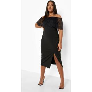 👉 Plus Kanten Off Shoulder Midi Jurk Met Split, Black