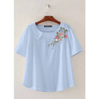 👉 Shirt cotton s vrouwen wit Floral Embroidery Dish O-neck T-shirt