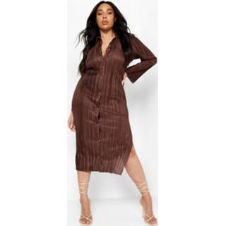 👉 Plus Plisse Midaxi Blouse Jurk, Chocolate