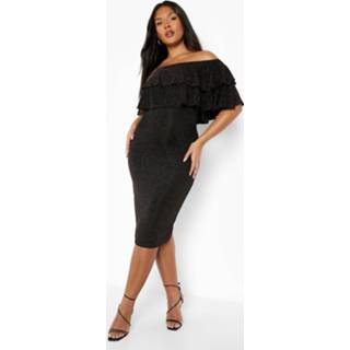 👉 Plus Metallic Off Shoulder Midi Jurk Met Ruches, Black