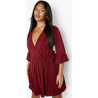 👉 Plus Geweven Geplooide Skater Jurk Met Geplooide Taille, Wine