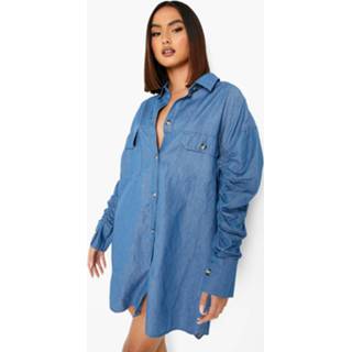 👉 Denim Blouse Jurk Met Geplooide Mouwen, Mid Blue