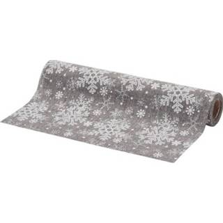 👉 Tafelloper zilver zilveren polyester active Kerst decoratie met sneeuwvlokken 250 x 21 cm