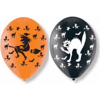 👉 Halloween ballon multi kunststof Set van 6x stuks ballonnen met heksen en katten print 27,5 cm