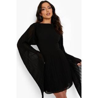 👉 Geplooide Mini Jurk Met Cape Mouwen, Black