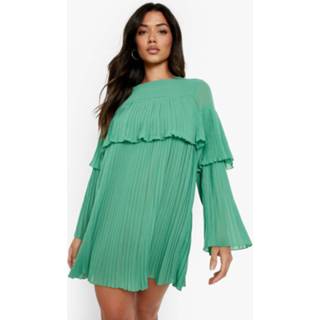 👉 Geplooide Mini Jurk Met Wijde Mouwen En Ruches, Green