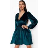 Skater jurk donkergroen fluwelen bottle green Met Laag Decolleté,