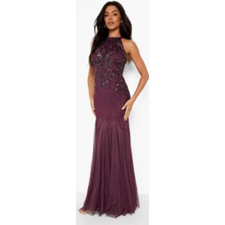 👉 Met De Hand Versierde Bruidsmeisjes Maxi Jurk Met Halter Neck, Berry