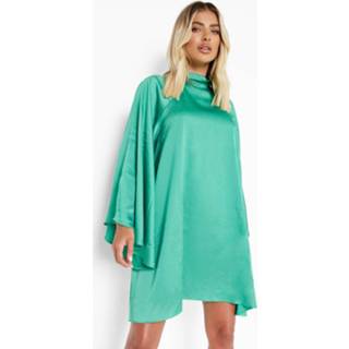 👉 Satijnen Mini Jurk Met Extreem Wijde Mouwen, Green