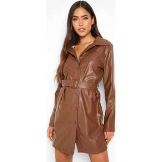 👉 Pu Blouse Jurk Met Hoge Hals En Ceintuur, Camel