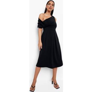 👉 Gedraaide Midi Skater Jurk Met Eén Blote Schouder, Black