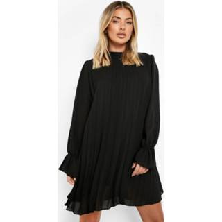 👉 Chiffon Skater Jurk Met Geplooide Hoge Hals, Black