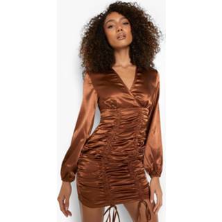 👉 Satijnen Geplooide Blouse Jurk Met Strik, Chocolate