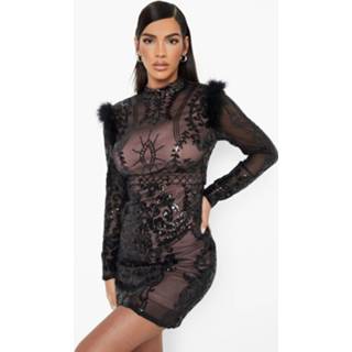 👉 Damast Mini Jurk Met Pailletten En Veren Zoom, Black