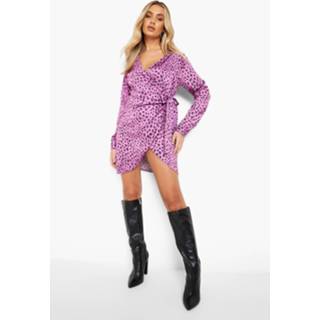 👉 Satijnen Mini Jurk Met Ceintuur, Kraag En Opdruk, Purple