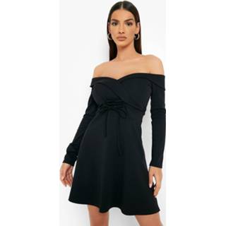 👉 Scuba Skater Jurk Met Veters En Eén Blote Schouder, Black