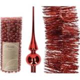 👉 Kerstboom rood kunststof active optuigen set glazen piek, 1x kralenslinger, folieslinger