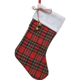 Kerstsokken rood polyester active Kerstsok met ruitjes 23 x 45 cm kerstversiering/kerstdecoratie