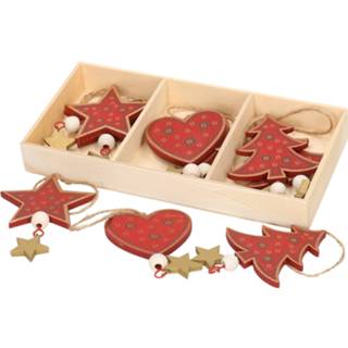 👉 Ornament rode rood houten hout active Kersthangers set van 6x ornamenten 10 cm