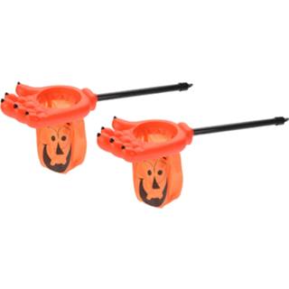 👉 Snoep oranje kunststof 2x stuks trick or treat zakken pompoen met handvat L53 x B14 cm