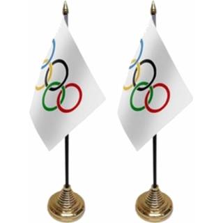 👉 Tafelvlag multi polyester 2x stuks olympische Spelen tafelvlaggetjes 10 x 15 cm met standaard