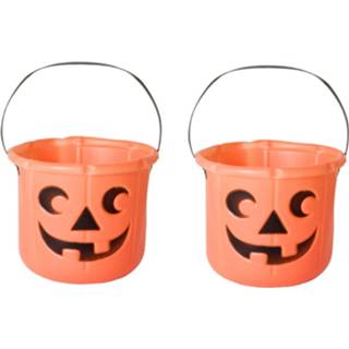👉 Snoep oranje kunststof 4x stuks pompoen trick or treat emmertjes D14 x H17 cm