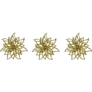 👉 Kerstster goud kunststof 4x stuks decoratie bloemen glitter op clip 14 cm