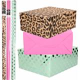 👉 Inpakpapier roze tgroen zilver 12x Rollen kraft inpakpapier/folie pakket - panterprint/roze/mintgroen stippen 200 x 70 cm