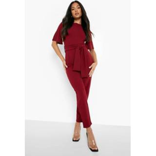 👉 Petite Getailleerde Jumpsuit Met Capemouwen En Ceintuur, Wine