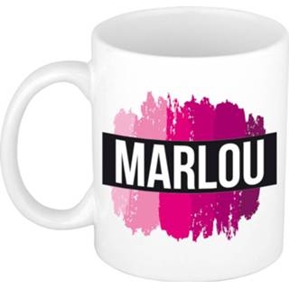 👉 Beker roze keramiek vrouwen Naam cadeau mok / Marlou met verfstrepen 300 ml