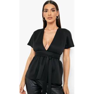 Geknooptete Peplum Top Met Korte Mouwen, Black