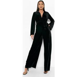 👉 Fluwelen Getailleerde Wide Leg Jumpsuit Met Ceintuur, Black