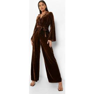 👉 Fluwelen Getailleerde Wide Leg Jumpsuit Met Ceintuur, Chocolate