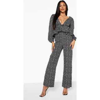 Wide Leg Bloemen Jumpsuit Met Ruches, Black