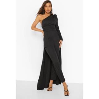 👉 Asymmetrische Gedrapeerde Jumpsuit Met Pofmouwen, Black