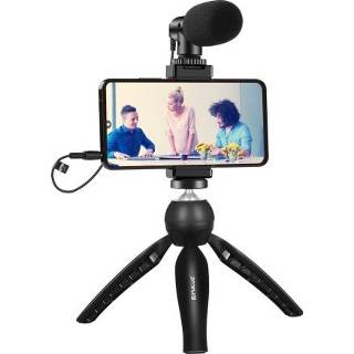 👉 Smartphone zwart active PULUZ Live-uitzending Video Vlogger Kits Microfoon + statiefbevestiging telefoonklemhouder (zwart)