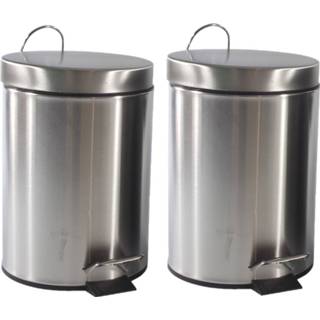 👉 Pedaalemmer zilver RVS 2x stuks pedaalemmers/prullenbakjes 3 liter D21 x H30 cm