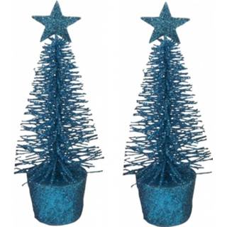 👉 Kerstversiering blauwe blauw kunststof Set van 4x stuks boompjes 15 cm