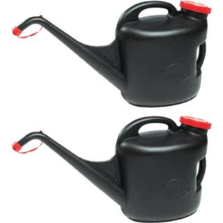 👉 Jerrycan zwart kunststof 2x stuks jerrycans/gieters voor brandstof met schenktuit 11 liter L65 x B20 H32 cm